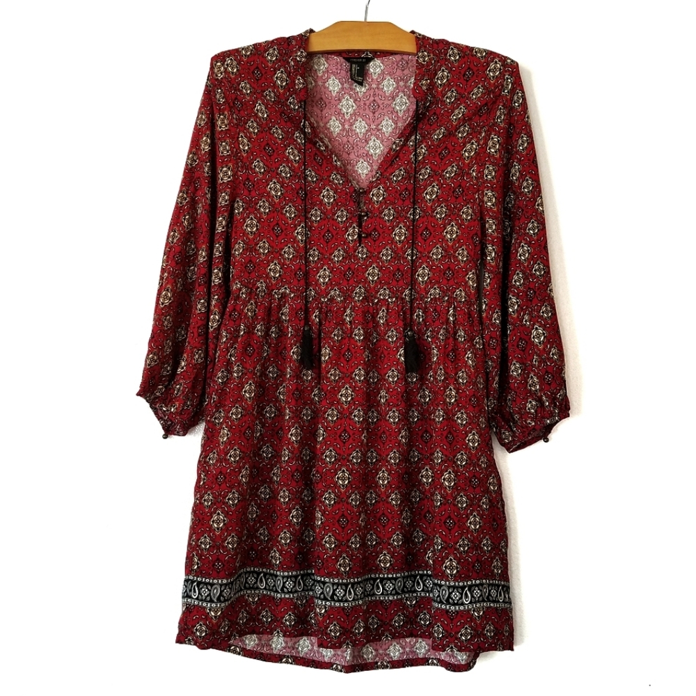 Forever 21 paisley boho pesant tassel ties dress long sleeve